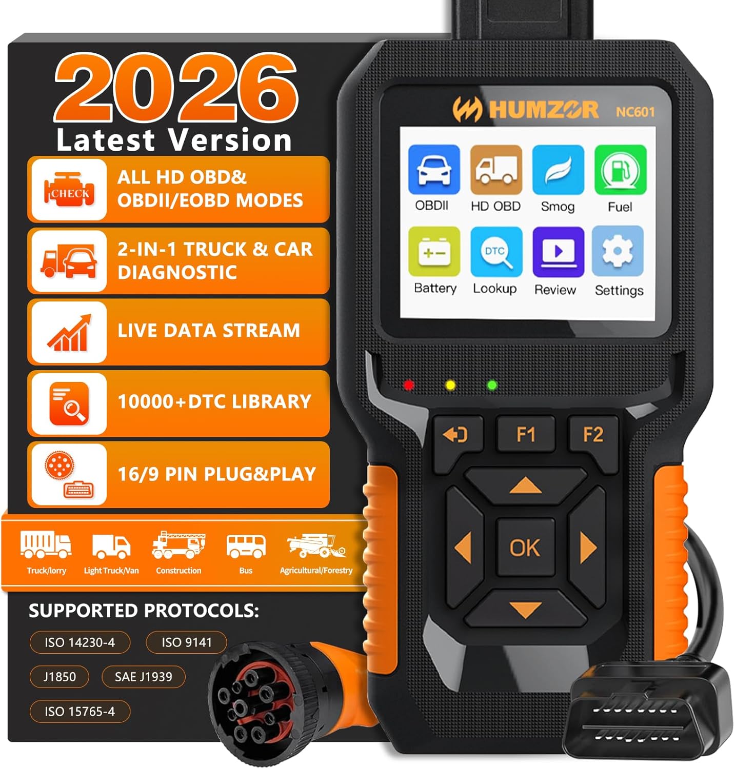 HUMZOR NC601 Car and Truck OBD - Heavy Equipment Diagnostic Tool のレビューと価格