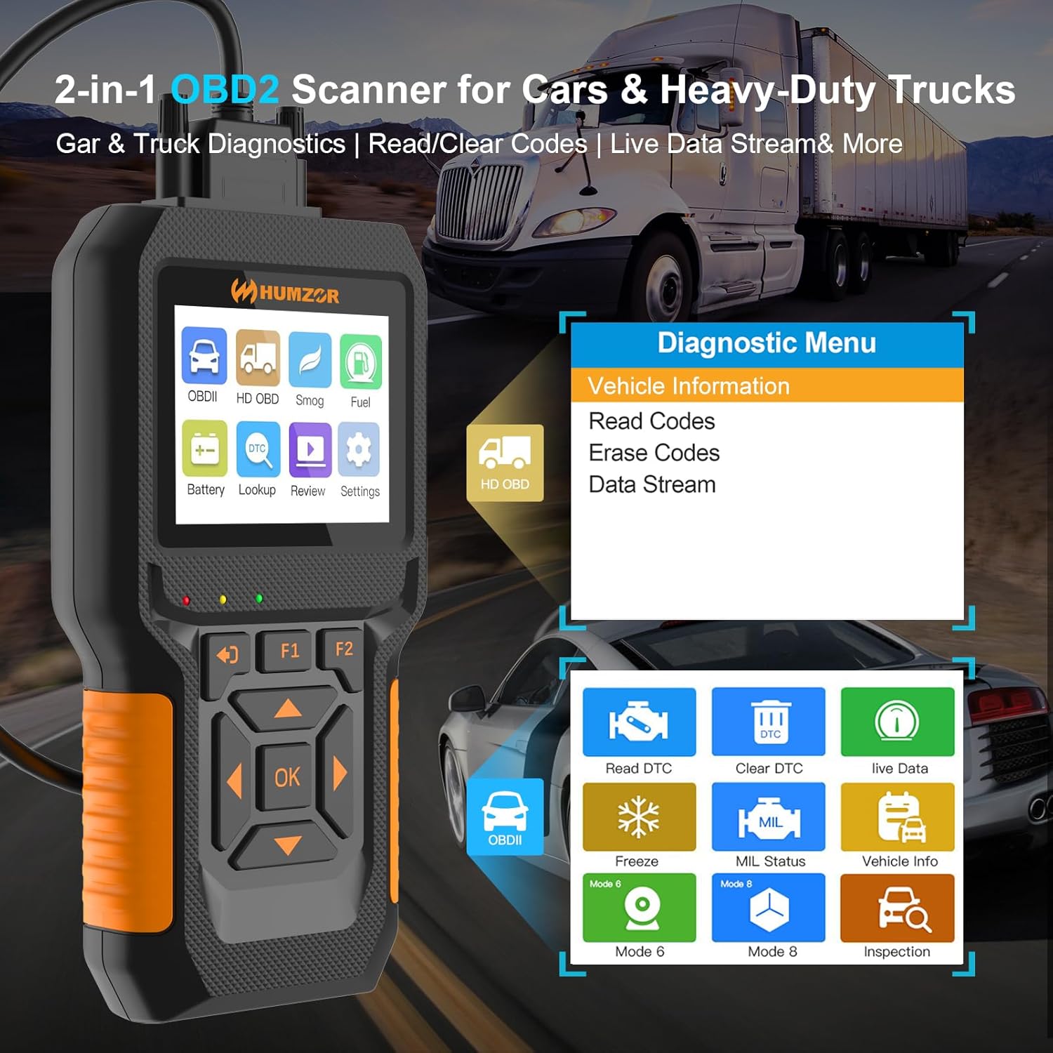 HUMZOR NC601 Car and Truck OBD - Heavy Equipment Diagnostic Tool のレビューと価格